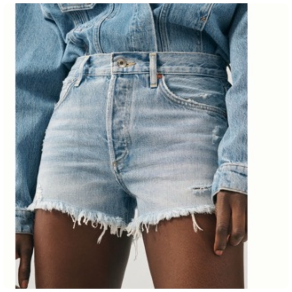 Agolde Light Wash Frayed Denim Shorts